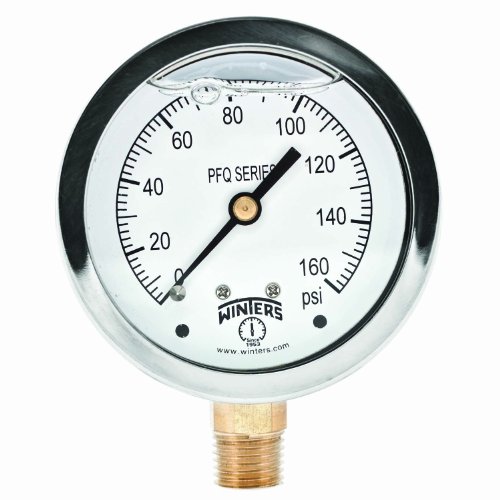 Winters 2-1/2" Dial Size, Liquid Filled Industrial Pressure Gauge, Brass Internals, 304 Stainless Steel Case, Single Scale 0-160 psi, 1.5% Acc, 1/4" NPT Bottom Mount, Glycerin Filled Pressure Gauge