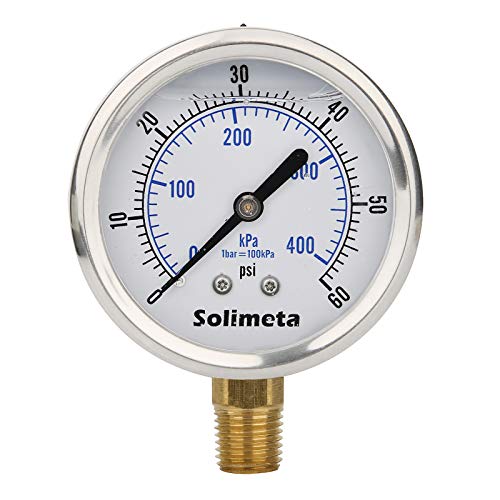 Solimeta 2-1/2" Dial Size, Liquid Filled Pressure Gauge, 0-60psi/kpa, 304 Stainless Steel Case, 1/4"NPT Lower Mount