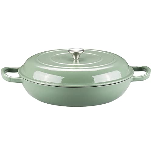 Godappe Enameled Cast Iron Braiser, 3.8 Quart Enamel Cast Iron Dutch Oven with Handles, Cast Iron Braiser Pan with Lid Cast Iron Enameled Cookware for Oven, Stovetop, Induction(Gray Green)