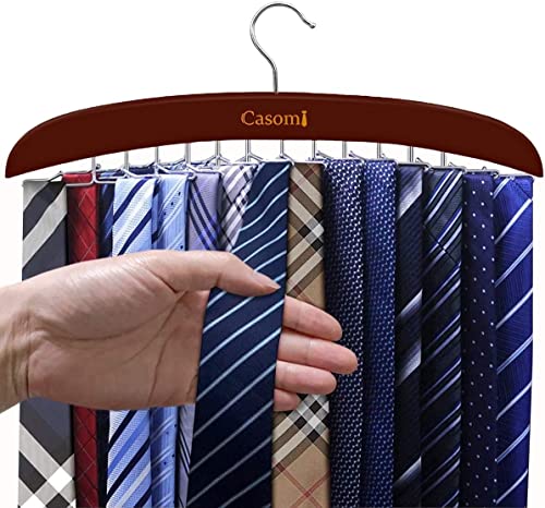 Tie Rack,24 Hook Tie Holder,360 Rotating,Foldable Metal Hooks,Tie Hanger Organizer for Closet Wooden Belt Storage Rack for Men Ties Belts Scarves Accessories(Red Brown)