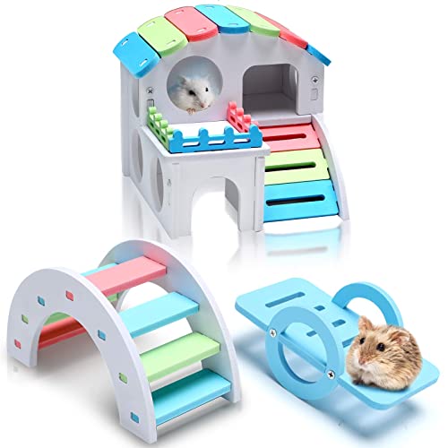 3 Pieces Fun Hamster Toys Guinea Pig Hideout Include Wooden Hamster House, Rainbow Bridge, Hamster Seesaw Toy DIY Wooden Exercise Play Toys for Small Hamsters (Rainbow Color, Small)