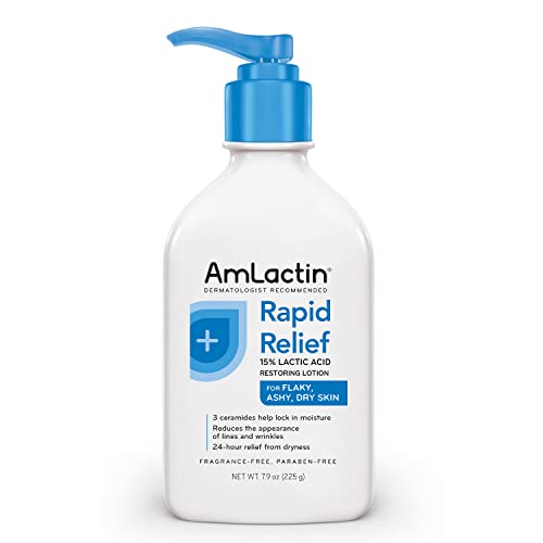 AmLactin Rapid Relief Restoring Body Lotion for Dry Skin  7.9 oz Pump Bottle  2-in-1 Exfoliator and Moisturizer with Ceramides and 15% Lactic Acid for 24-Hour Relief from Dry Skin