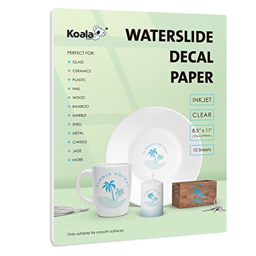 Koala Waterslide Decal Paper INKJET CLEAR, 10 Sheets 8.5x11 Inch Water Slide Transfer Paper Transparent Printable Waterslide Paper for DIY Tumbler, Mug, Nails