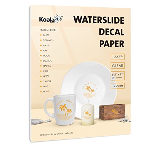 Koala Waterslide Decal Paper for Laser Printer - Clear Transparent - 10 Sheets Water Slide Transfer Paper - 8.5x11 Inches