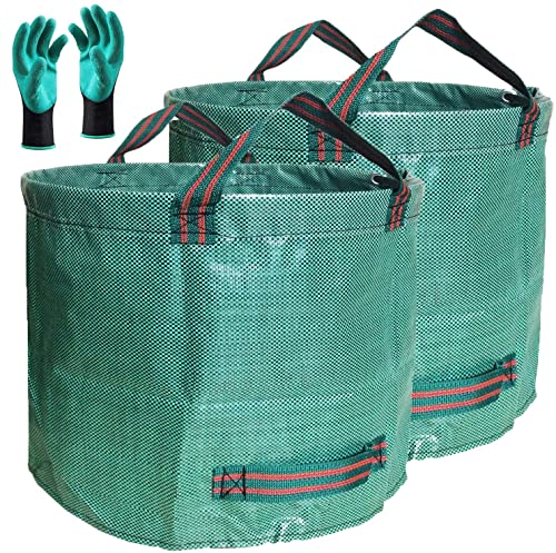Professional 2-Pack 137 Gallon Lawn Garden Bags (D34, H34 inches) Yard Waste Bags with Coated Gloves - Large Reusable Yard Leaf Bags 4 Handles,Gardening Clippings Bags,Leaf Container,Trash Bags