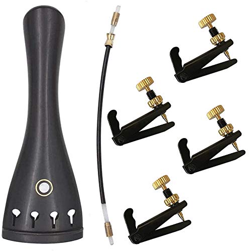 Jiayouy 6Pcs Ebony 4/4-3/4 Violin Tailpiece with 4 Fine Tuners 1pcs Nylon Tailgut Violin Accessories Kit Black