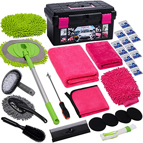 FORCAR 29Pcs Car Wash Cleaning Kit with Extendable Long Handle Brush Mop & Long Pole Window Water Scraper, 63" Large Towels, 16" Large Storage Box, Wash Mitt for Interior and Exterior Detailing, Pink