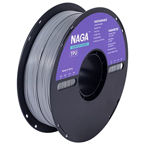 NAGA TPU Filament 1.75mm, Super Neat Flexible 3D Printer Filament, 1kg Roll Spool, Dimensional Accuracy +/- 0.03mm, 95A (1kg Grey TPU)