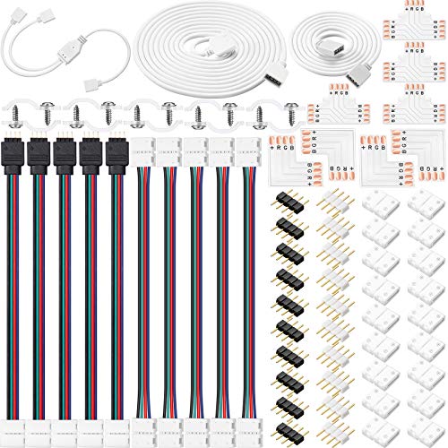 5050 4 Pin RGB LED Strip Connector Kit Includes RGB Extension Cable, LED Strip Jumper, 2 Way RGB Splitter Cable, L Connectors, T Connector, Gapless Connectors, 4 Pin Male Connector, LED Strip Clips