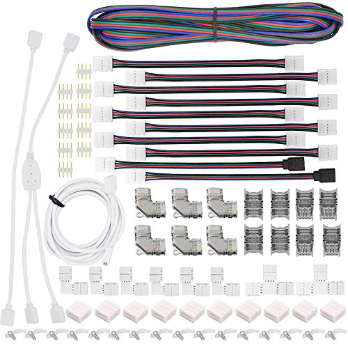 LED Light Strip Connectors Kit,10mm 4 Pin Waterproof 5050 RGB LED Strip Connectors,Includes 14 Types of Solderless Multicolor LED Strip Light Connectors