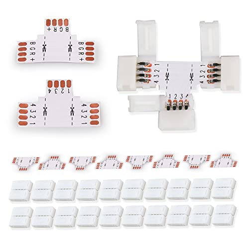 20Pcs 4-Pin Led Light Strip Connectors Set with 8 Pcs Double-Sided Cuttable T-Shape Connectors for Solderless Connecting of LED Lights Strip (20Pcs Clips Plus 8Pcs PCB)