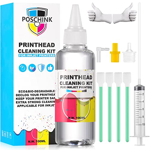 Poschink Printhead Cleaning Kit,Printhead Cleaner Solution for HP OfficeJet Pro 8610 8600 8620 6830 6700 8630 / Epson Ecotank ET-2720 ET-2760 WF-3640 / Canon MX922 MX920 etc. Inkjet Printers - 100ml