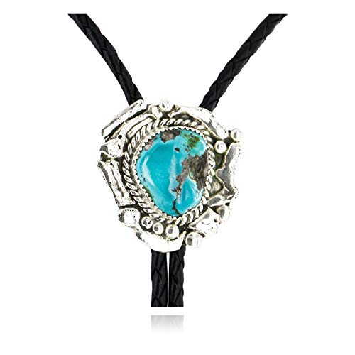 $250Tag Certified Silver Navajo Natural Turquoise Native American Bolo Tie 24406-1 Made by Loma Siiva