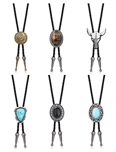 LOLIAS Bolo Tie,Handmade Vintage Bolo Ties for Men Western Cowboy Leather Necktie with Natural Tiger Eye Stone Costume Accessories for Men Women 6Pcs