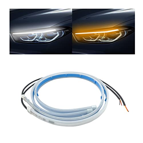 LED Headlight Strip Tube Light, 24 Inch Flexible DRL Daytime Running Light, Waterproof Switchback Sequential Flowing Turn Signal Lamp, Auto Decor Accessories Universal for Most Cars (White/Yellow)