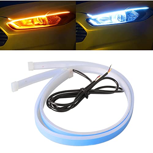 Car LED Strip Lights, 2Pcs 24 Inch Flexible LED Headlight Strips Dual Color White Turn Signal Yellow Lights Waterproof Car Daytime Running Light Strip for Truck SUV