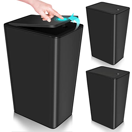 SHPMXUPW 3 Pack Bathroom Small Trash Can with Lid,10L / 2.6 Gallon Slim Garbage Bin Wastebasket with Pop-Up Lid for Bedroom, Office, Kitchen, Craft Room, Fits Under Desk/Cabinet/Sink/Black