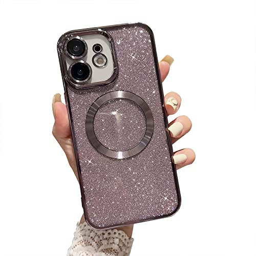 Aitipy Compatible with iPhone 11 Magnetic Glitter Case, Cute Bling Luxury Plating Shiny Bumper Clear Phone Cover with Camera Protector, Compatible with MagSafe for Women Girls (Glitter Purple/Clear)