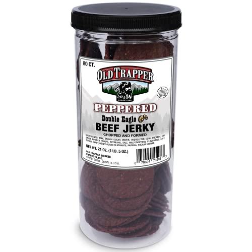 Old Trapper Peppered Double Eagle Beef Jerky | Traditional Style Real Wood Smoked | 10g of Protein | 1 Jar (80 Pieces)