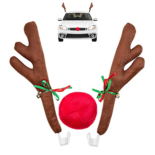 Car Christmas Reindeer Antler Decorations, Vehicle Christmas Car Decor Kit with Jingle Bells Rudolph Reindeer and Red Nose, Auto Accessories Decoration Kit Best for Car SUV Van Truck, Xmas Gift Set