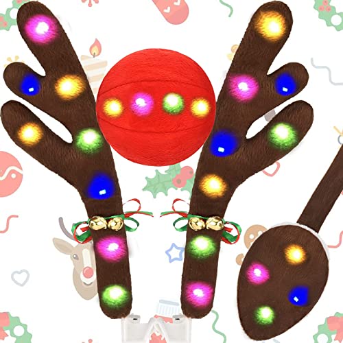 Christmas Reindeer Antlers Car Decoration Kit with LED Multicolor Lights, Vehicle Christmas Car Kit with Jingle Bells Rudolph Reindeer and Nose, Tail for The Trunk, Best for Christmas Car Decorations