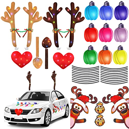 Tallew 2 Sets 52 Pieces Christmas Reindeer Antlers Nose Car Decorations 2 Packs LED Lights Car Reindeer Antlers Nose 40 Pcs Reflective Magnets Bulbs 4 Pcs Reindeer Car Magnets