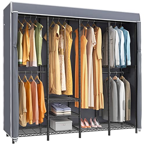 VIPEK V40C Covered Garment Rack Heavy Duty Clothes Rack with Cover, Custom Freestanding Closet Portable Wardrobe Closet for Bedroom, Black Metal Clothing Rack with Grey Oxford Fabric Cover