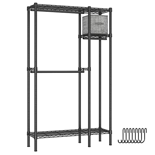 SONGMICS Clothes Rack with Shelves, Heavy Duty Freestanding Closet Wardrobe for Hanging Clothes, Steel Portable Closet with 1 Storage Box, 8 Hooks, Adjustable Shelves, for Bedroom, Black ULGR421B01