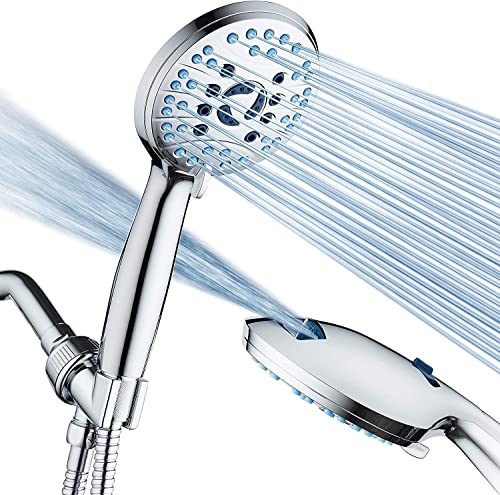 AquaCare High Pressure 8-mode Handheld Shower Head - Anti-clog Nozzles, Built-in Power Wash to Clean Tub, Tile & Pets, Extra Long 6 ft. Stainless Steel Hose, Wall & Overhead Brackets