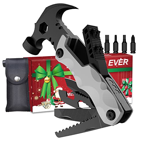 Multitool Hammer WESTLEY Camping Accessories Gear Tools 15 in 1 Survival GearUnique Christmas Gifts for Men Dad Husband Lock Function Saw Knife Screwdrivers Bottle Opener Silver