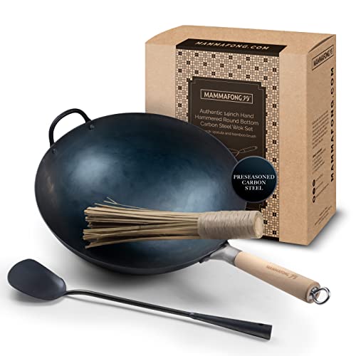 Mammafong Traditional Hand Hammered Pre-seasoned Round Bottom Carbon Steel Wok Set with Wok Spatula and Bamboo Brush (14 inch preseasoned wok set)