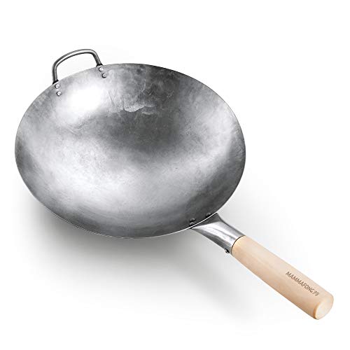 Mammafong Round Bottom 14-inch Traditional Carbon Steel Wok Pan - Authentic Hand Hammered Woks and Stir Fry Pans - Pow Wok with no chemical coating