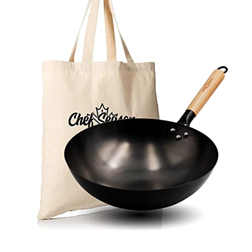 ChefSeason Carbon Steel Wok - 12.6" Round Bottom Wok Pan for Stir-Frying - Large Uncoated Nonstick Chinese Wok - Pre-Seasoned Deep Pow Wok for Gas Cooktops - Includes Free Shopping Bag