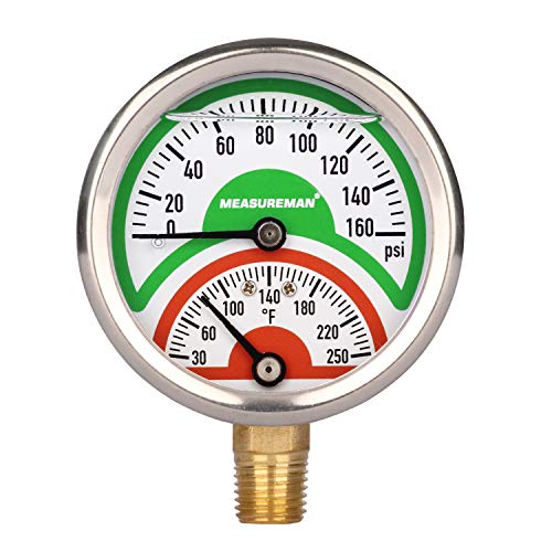 MEASUREMAN Tridicator, Thermo-Manometer, 2-1/2", Silicone Oil Filled, 0-160psi/30-250 deg F, Stainless Steel Case, 1/4"NPT Lower Mount Pressure Gauge