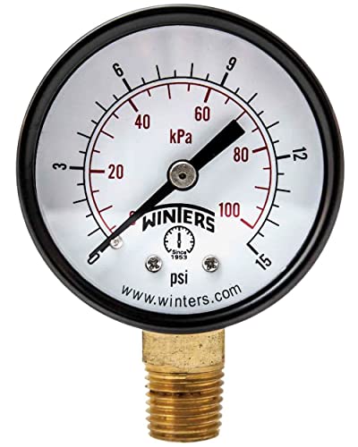 Winters 2 inch Dial Size, Multi Function Economy Utility Dry Pressure Gauge, Brass Internals, Black Steel Case, Dual Scale 0-15 psi/kPa, 3-2-3% Accuracy, 1/4 inch NPT Bottom Mount, Pressure Gauge