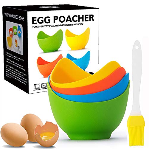 Egg Poacher - Poached Egg Cooker with Ring Standers, Food Grade Non Stick Silicone Egg Poaching Cup for Microwave or Stovetop Egg Poaching, with Extra Silicone Oil Brush, BPA Free, 4 Pack