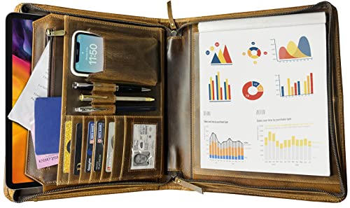 Business Leather Padfolio Leather Portfolio | Professional Organizer Gift for Men & Women | Durable Leather Padfolio | Easy to Carry with A Zippered Closure | Many Slots, Compartments & Holders
