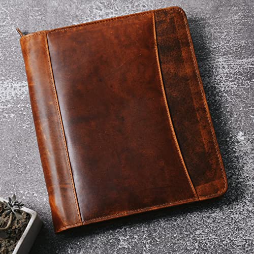 Top Grain Leather Portfolio Business Padfolio Document Organizer with Writing Pad Resume Interview Professional Zipper Writing Notepad Folder for Men Women
