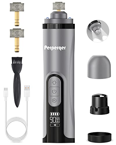 Perperqer Dog Nail Grinder,Pet Nail Trimmers for Small Medium Large Breed Dog and Cat,Upgraded Quiet Electric Pet Grooming Tool Kit Supply 3 Speeds 2 Led Lights 2 Grinder Head for Puppy Toenail Claw