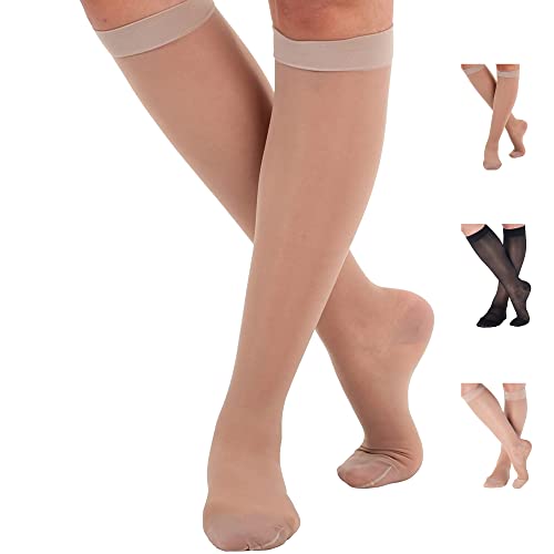 Made in USA - Sheer Compression Socks 20-30mmHg for Women - Dress Knee High Nylon Firm Support Stockings for Ladies - Nude, Large