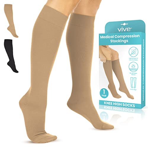 Vive Compression Stockings for Women , Men | 15 - 20 mmHg Medical Compression Support for Varicose Veins - Ultra Sheer TED Style Hose- Knee High for Swelling, Soreness, Maternity, Pregnancy, Nurses