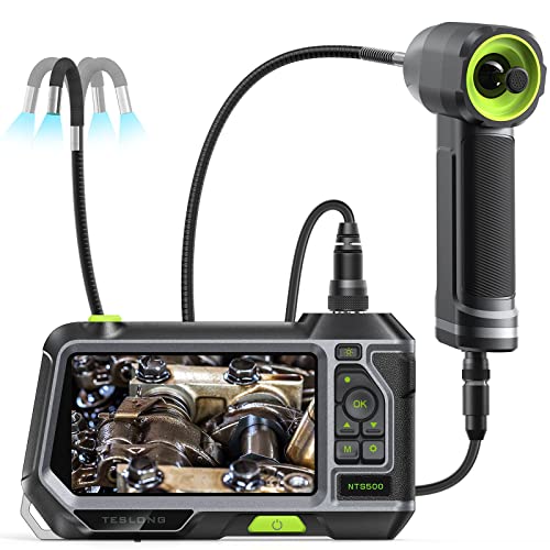 360 Articulating Borescope with 5''Monitor, Teslong Mechanics Inspection Camera with 4-Way Joystick Articulation, HD Steerable Endoscope with Light, See in Wall Engine Hole Camera (0.24inch-5FT)