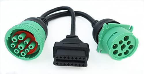 ARTECKIN Green Type 2 J1939 9pin Female to OBD2 and to J1939 Male Splitter Y Cable for Truck Freightliner GPS ELD Tracker