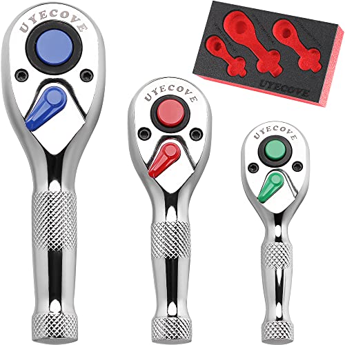 UYECOVE Stubby Ratchet Set, 1/4", 3/8", 1/2" Drive Mini Ratchet 3pcs Set, Colorful Stubby Ratchet Wrench Set 72-Tooth Reversible Quick-Release Small Ratchet Set with Xipe Storage Tray