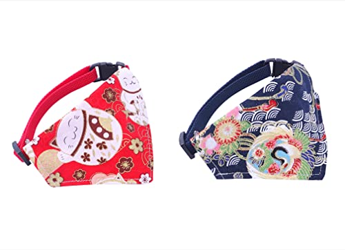 OHAYO Japanese Cat Bandana - 2 Pack | Bandana Collar Adjustable Japanese Style Kitten Premium Durable, Blue / Red
