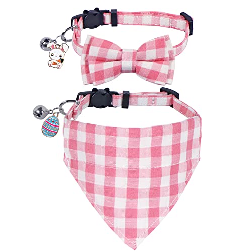 STMK 2 Pack Easter Cat Collar Bandana with Bell, Breakaway Easter Cat Bandana Collars with Bell Charm for Easter Holiday Cats Kittens Costumes (Easter Bow Tie Collar & Bandana Collar)