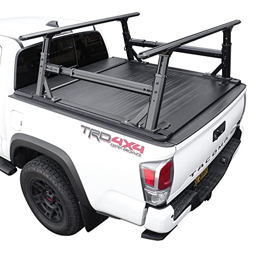 Syneticusa Retractable Hard Tonneau Cover with Adjustable Rack Kit Fits 2016-2023 Toyota Tacoma 5ft Truck Bed Aluminum Matte Black Low Profile Waterproof Off Road Ready