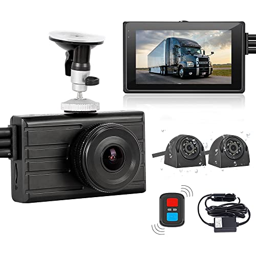 VSYSTO 3CH Truck Dash Cam, 3" LCD Screen HD 1080P Front & 720P Sides Backup Camera, Waterproof Infrared Night Vision Lens DVR for Semi Trailer Van Tractor Car Vehicle RV, G-Sensor Loop Recording