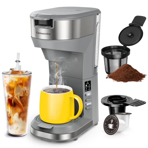 Hot and Iced Coffee Maker for K Cups and Ground Coffee, 4-5 Cups Coffee Maker and Single-serve Brewers, with 30Oz Removable Water Reservoir, 6 to 24Oz Cup Size, Pot and Tumbler Not Included, Gray