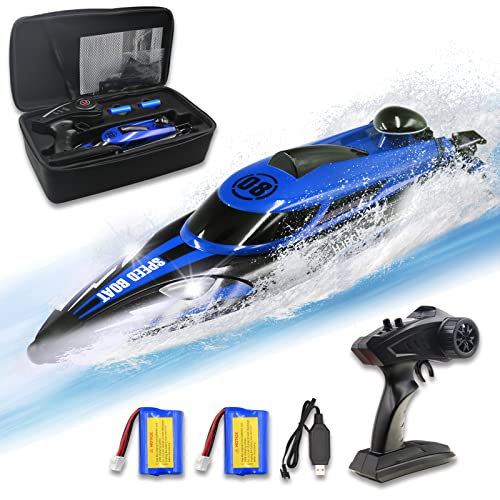 JOY SPOT! RC Boat 2.4 GHZ for Kids Adults, 20+ MPH High Speed Remote Control Boat for Pools and Lakes, Portable Storage Pack with Rechargeable Battery,Low Battery Alarm,Gifts for Boys Girls - Blue
